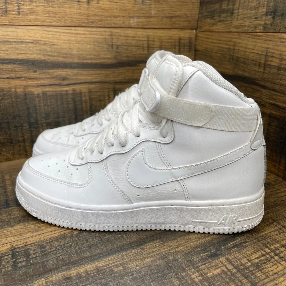 Nike Air Force‎ 1 High Kids 7Y White Leather Ankle Strap Sneakers 653998-100